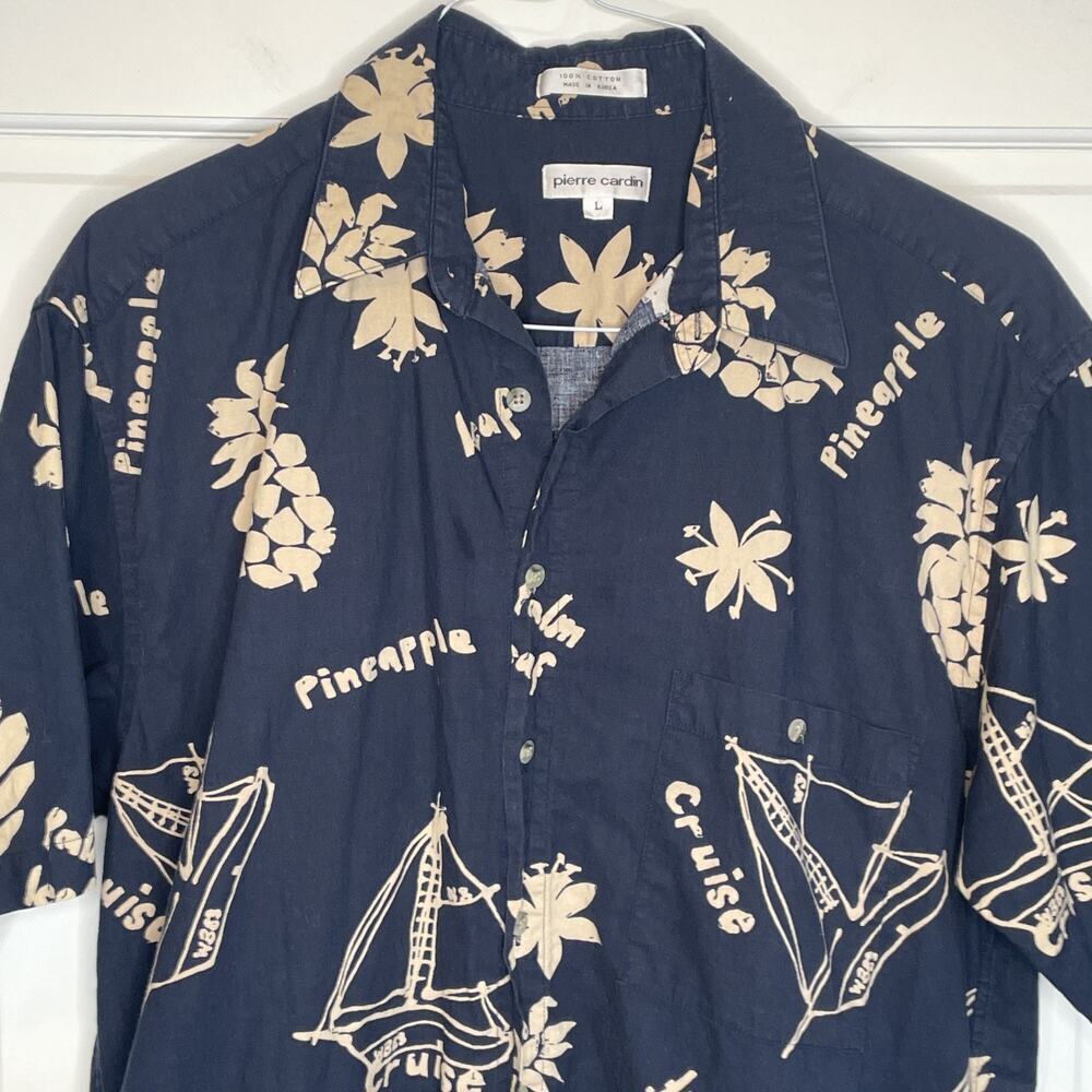Pierre Cardin Men's Cotton Button-Down Shirt Sz L Relaxed Tropical Casual Travel - Picture 2 of 11